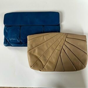 Set of 2 Vintage Leather Clutch Handbags Blue Taupe Chic Minimal Classic